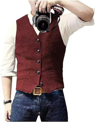 Solovedress Gilet senza maniche da uomo, in lana e tweed, motivo a spina di pesce, scollo a V, per matrimonio/testimoni di nozze, Bordeaux, L