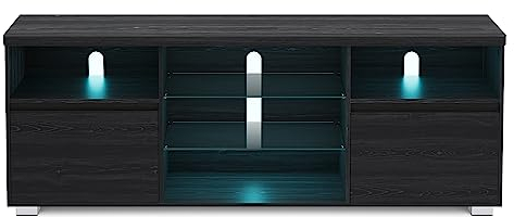 VASAGLE TV-Schrank mit LED-Beleuchtung, Fernsehtisch, TV-ständer für Fernseher bis zu 70 Zoll, mit offenen Ablagen, 2 Schränke mit Türen, 160 cm, für Wohnzimmer, schwarz LTV331T21