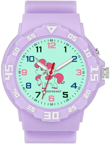 TENOCK Kinder Lernuhr Einhorn mit Nachtlicht für Mädchen 30M wasserdichte Armbanduhren für Kinder von 4-12 Jahren Geschenk für Geburtstage/Ostern/Kindertag/Weihnachten/Neujahr Lila