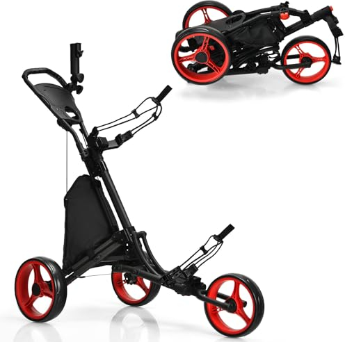 LIFEZEAL Faltbar Golftrolley, 3 Rad Golf Push Cart mit Fußbremse, Golfwagen mit 3 höhenverstellbare Positionen, Golfcaddy klappbar mit Schirmhalter, Flaschenhalter & Tasche (Rot)