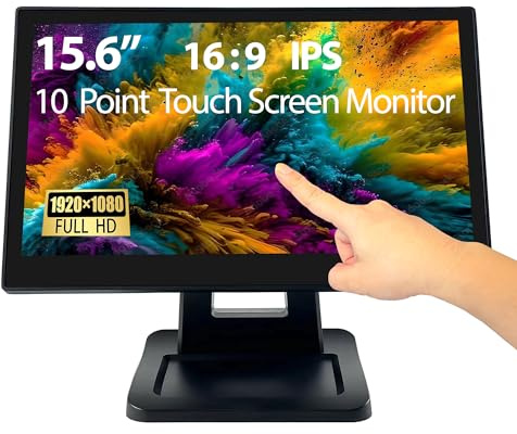 ANGEL POS 15.6 Inch 1920 x 1080 FHD IPS Touchscreen POS Monitor with Metal Stand, 10 Points Touch HDMI VGA, Waterproof Dustproof Screen 1080P, Indusitrial, Office, Retail, Gym, Warehouse (Black)