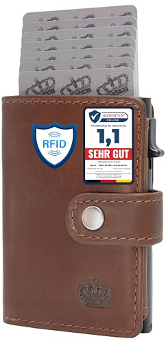 Baur Slim Wallet aus echtem Leder – Kreditkartenetui mit Aluminium Pop-Up Case & RFID-Schutz – Kleine Geldbörse für Herren mit Münzfach – Smart Wallet (Münzfach mit Reißverschluss, Dunkel Braun)