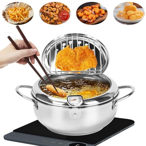 Qivine Japonesa Freidora Aceite Pequeña, 4,2L Olla Freidora Induccion, Acero Inoxidable de Fritadeiras Oleo con Termómetro para Freír Tempura, Pollo, Pescado Seco