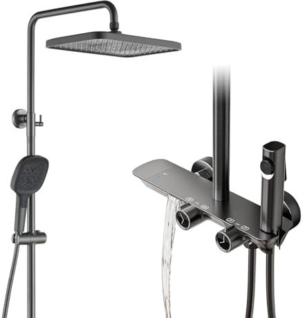 Colonna Doccia Con Miscelatore Termostatico Set Doccia con Soffione Doccia, doccia a mano, rubinetto per vasca, Spruzzatore per Bidet, Kit Doccia con Asta Saliscendi Doccia Regolabile (Grigio)