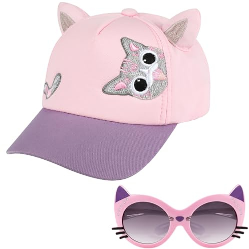 Girls Baseball Cap Kids Sunglasses Set,Adjustable Sun Hat Sequin Cat Ear Hat Cute Toddler Cap for Girls Ages 3-10Y Pink