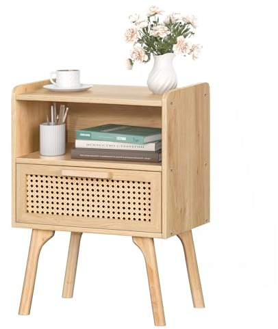 LELELINKY Table de Chevet en rotin - Table de Nuit d'appoint avec tiroirs décorés en rotin et étagère Ouverte - Petite Table de Chevet bohème avec Pieds en Bois Massif - pour Salon, Chambre à Coucher