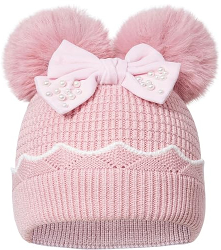 SECRET AROMA Vintermössa för flickor med dubbel pompom, varm rosett mössa för spädbarn och barn, skidmössa i 1–6 år, Rosenröd, M