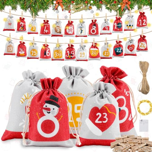 Calendrier de l'Avent à Remplir 2025, 24pcs Pochette Calend-rier de l'Avent, Calendrier de l'avent Tissu avec LED Lumières, Calendrier de l'Avent Vide pour DIY Cadeau Noel Décoration