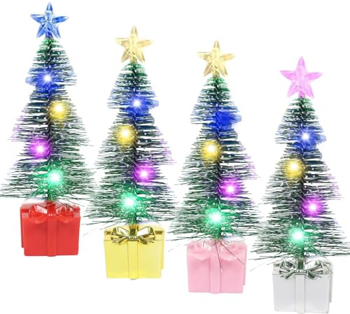 4 stycken LED-minijulgran 17 cm, konstgjord gran liten, liten julgran med belysning, färgglada lampor julgran, mini julgranar, jul bordsdekoration, present