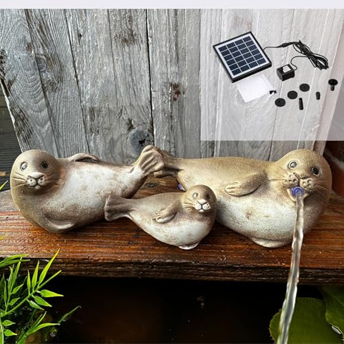 Storm's Gartenzaubereien Juego de 3 sellos de gárgolas solares de cerámica, incluye bomba solar, figuras decorativas marítimas para jardín/balcón, fuente de estanque sin corriente con cable de 3 m