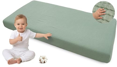 Medi Partners Sabana Bajera Cuna 60x120-100% Algodon Muselina Sabanas de Algodón Bebe Ropa de Cama para Bebés Dormir Cuna Fitted Bed Sheet Protector (Oliva)
