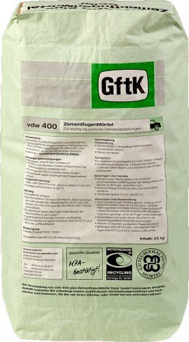vdw 400 ZementfugenMörtel zementgrau 25 kg - Für leichte bis mittlere Verkehrsbelastungen - früh begehbar & belastbar | umweltfreundlich