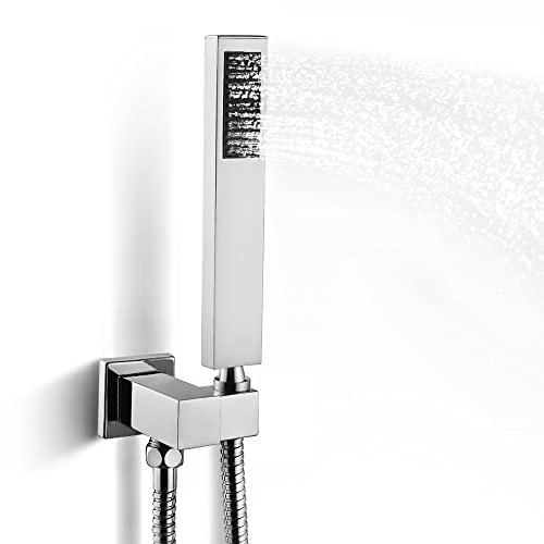 SKOWLL Chrome Handheld Shower Head, Brass High Pressure Hand Held Shower Wand Wall Mount 8 Inch Square Hand Shower Head with Shower Holder and Hose Set