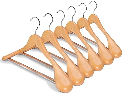 HOUSE DAY Kleiderbügel Holz Breit Natur 6X rutschfest Kleiderbügel Stabil Jackbügel Anzugbügel Holzbügel, Breite Schultern rutschfeste Hosenstangen Drehbare Haken