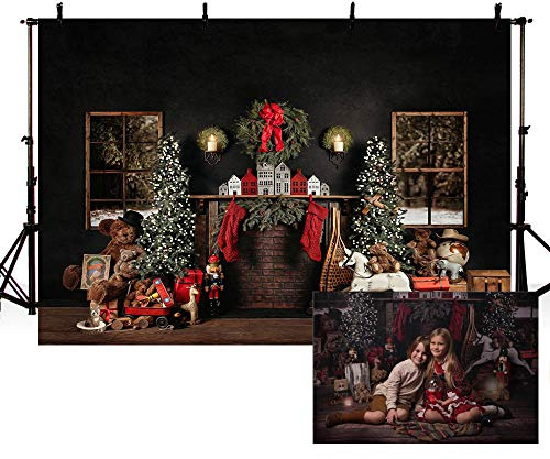 MEHOFOND 2,1 x 1,5 m - Toile de fond pour photographie de Noël avec couronne de cheminée - Noir - Pour l'hiver, Noël, anniversaire, vacances, décoration de fête, bannière