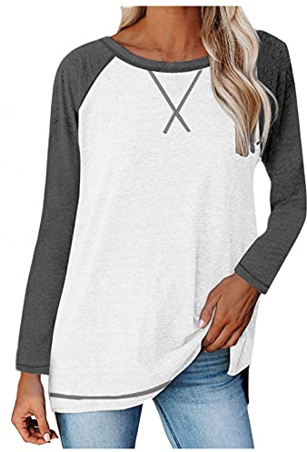 Buetory Womens Crew Neck Long Sleeve Raglan T Shirts Striped Color Block Baseball Tunic Tops Casual Cute Fall Blouses Tees(White,Medium)