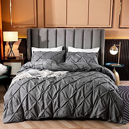 Pintuck Duvet Cover Set Pinch Pleated Quilt Comforter Cover 600TC Premium Quality Microfiber Wrinkle & Stain Resistant Bedding Set Ultra Soft Like Silk Satin Luxury Breathable (Charcoal, K 230x220cm)