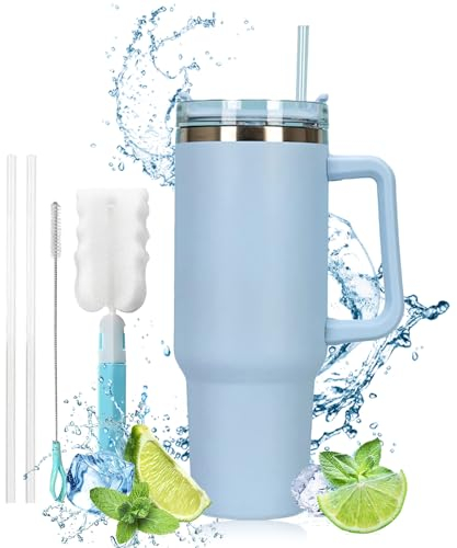 Tazza Termica da Viaggio 1200ml, Acciaio Inox, Doppia Parete, Isolata Sottovuoto, con Cannuccia e Manico, Azzurro