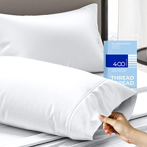 Thread Spread 100% Cotton Pillow Cases Queen Size Set of 2 - Luxury 400 Series Glee Collection Queen Pillow Cases (White), Soft Cooling Breathable Hotel Cotton Pillowcases, Fits Standard Pillows
