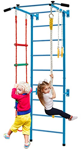 COSTWAY Juego de Barra para Niños, Barra de Pared de Acero para Interiores, Barra de Tracción, Escalera de Cuerda, Cuerda y Anillos de Gimnasia para Niños 3＋ Años, Escalera Sueca de Pared (Azul)