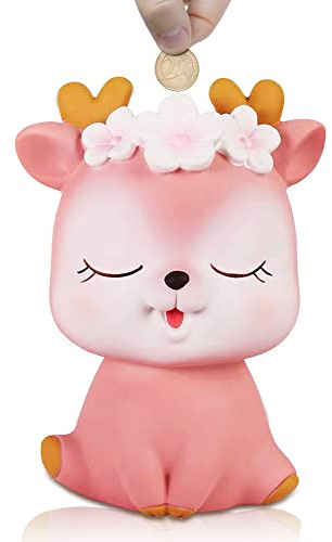 Spardose Mädchen,Niedliches Hirsch Sparschwein,Spardose Groß für Kinder,Unzerbrechliche Kunststoff-MüNzdose,Wiederverwendbare spardosen,Geburtstag Weihnachten Geschenke Rosa