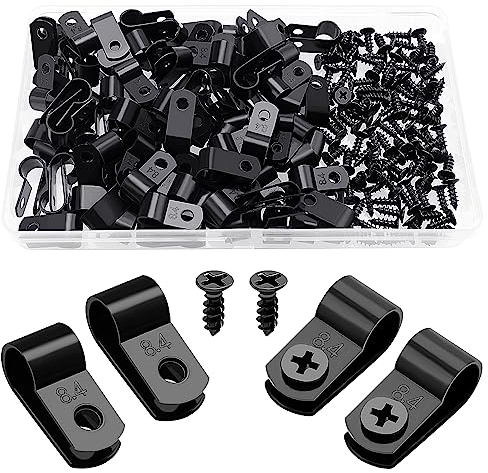 VooGenzek 100 Piezas 8.4mm (5/16 Pulgada) Clips de Cable de Nailon Tipo R, Abrazaderas de Cable Tipo R con 100 Piezas de Tornillos, para Gestión de Cables (Negro)
