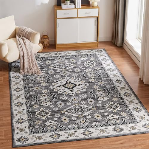 CHOSHOME Waschbarer Teppich Wohnzimmer 80x150CM Teppich Schlafzimmer Vintage Kurzflor Teppich Groß Weiche Teppich für Schlafzimmer rutschfest Teppich Flauschiger Teppich Grau
