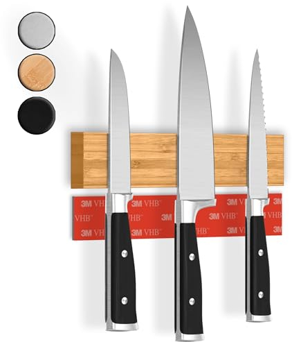 Cuchillo de barra magnética con imán extra fuerte - Comparación ganador 2022 - Fácil montaje con cinta adhesiva 3M, barra magnética autoadhesiva de bambú - 25cm