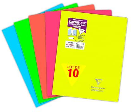 Clairefontaine 981423Cpack Un Lot de 10 Cahiers Agrafés Koverbook Neon - 24x32 cm - 96 Pages Grands Carreaux - Papier Blanc 90 g - Couvertures Polypro Opaques - Couleurs Assorties Aléatoires