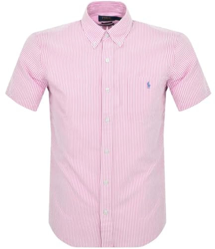 Ralph Lauren Stripe Short Sleeve Shirt Pink Untucked Fit Wrinkle Men Size Small S