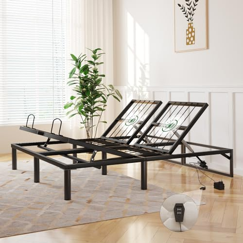 Flamaker Elektrisch Bettrahmen 180x200 cm Ausgestattet mit Stützfüßen und Geländer,Feste Matratzen,Mit Fernbedienung,Verstellen Sie das Kopfteil bis zu 50° und Ihre Beine bis zu 10°,Schwarz
