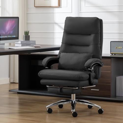 UEV Sedia da Ufficio Ergonomica, Con Cuscino Lombare, Comodi Cuscini e Schienale a Doppio Strato, Poggiapiedi, Girevole, Inclinabile Fino a 150°, Regolabile in Altezza (Nero)