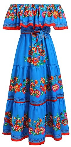 EFOGEP Robe mexicaine pour femme estivale boho bohème fleurie drapée sans épaules dénudées robes traditionnelles de fiesta robes longues maxi robe décontractée mariage plage robe de fête avec, bleu, M