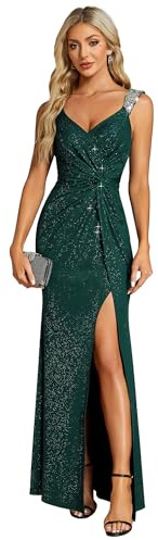 Ever-Pretty Vestido de Noche Ajustado Hendidura Alta Plisado con Lentejuelas Cuello en V Alta Elasticidad Verde Oscuro 40