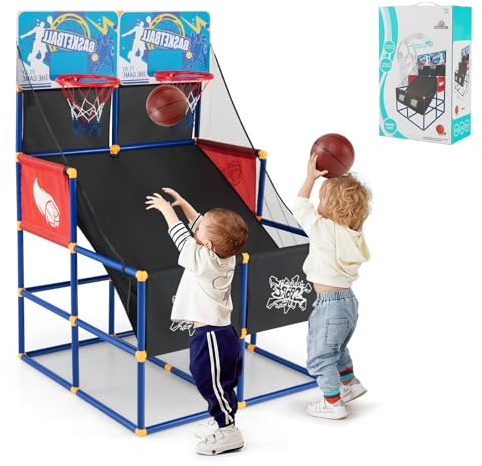 LIFEZEAL Juego Arcade de Baloncesto, Canasta de Baloncesto Arcade para niños con Soporte, Mini Canasta Baloncesto para 2 Jugadores con 2 canastas, 4 Pelotas y Bomba