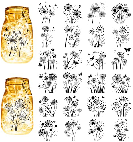 CREATCABIN 24Pcs Blowball Silhouettes Mason Jar Decor PVC Laser Die Cut Scrapbook Cardboard Cutouts Silhouette Ornament for DIY Light Lamp Jar Glass Decoration Supplies Black 4x3.5Inch-No Sticker