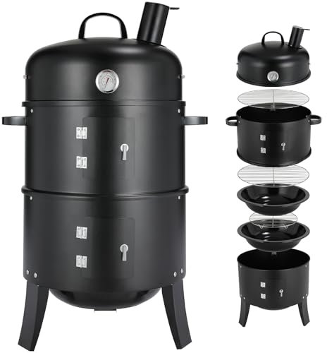 TLGREEN Horno Ahumador, Ahumador 3 en 1, Ahumador con Chimenea, Barbacoa de Carbón, con Termómetro, 2 Rejillas de Acero Inoxidable (φ 37,5 cm), Barbacoa Ahumadora para Ahumar, Asar y Cocinar