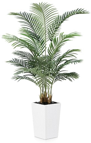 VeriNatural konstpalm 150 cm konstgjord växt med vit nätkruka – dekorativa konstgjorda växter som äkta, konstträd stor UV-resistent och flodsten – för vardagsrum, balkong, kontor, badrum och trädgård