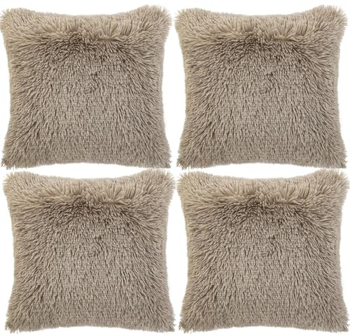 Adore 4 x Long Pile Super Soft and Cuddly Shaggy 17x17 (43x43cm) Cushion Cover, Mink