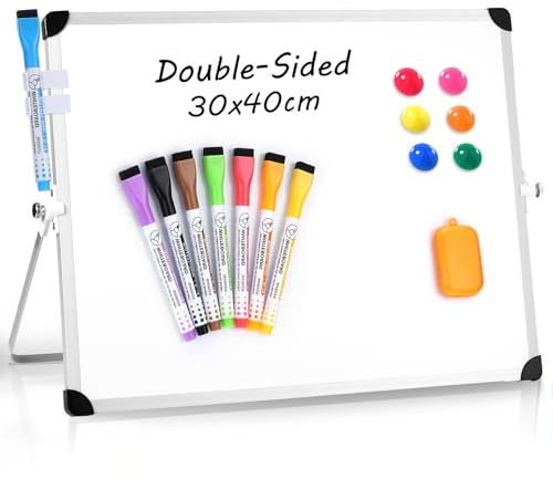 Thboxes Dry Erase Whiteboard A3, 30x40cm Small White Board with Stand, Double Sided Magnetic Desktop Whiteboard with 8 Pens, 6 Magnets, 2 Pen Holder,1 Eraser for Kids School Home Office