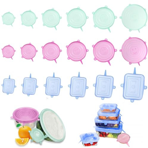 18 Pieces Silicone Lids Food Covers, Round and Rectangular Stretch Silicone Lids, Rusable Flexible Cover for Food Keep Fresh, for Dishes Jars Bowls (Blue, Green, Pink)