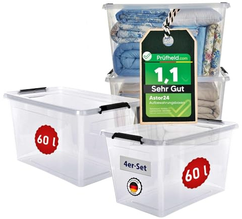 astor24 [Test SEHR GUT, NOTE 1.1] Aufbewahrungsboxen mit Deckel, 4x 60 L, transparente Boxen, lebensmittelechte Stapelboxen, Ideale Aufbewahrung für Büro, Kinderzimmer, Kleiderboxen, Küche, Werkstatt