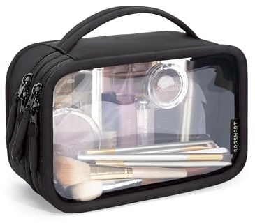BAGSMART Clear Makeup Bag, Small Wash Bag, 180° Wide Opening Travel Size Toiletry Bag for Women, Cosmetics Organiser with Handle, Water Resistant Travel Accessories, Black