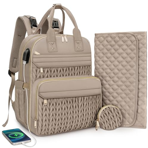 CandyHome Diaper Bag Backpack, Waterproof Stylish Baby Bag with Changing Pad, Large Capacity Travel Essentials Baby Diaper Bag with USB Port, Stroller Straps & Pacifier Case (Khaki)