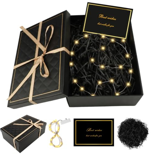 Negro Caja Regalo,Caja para Regalo 25x18x8,5cm Plegable con Tarjeta y Rafia | Cajas para Regalos con Tapa, Decoración de cajas de regalo con Luz Led para Cumpleaños Bodas Aniversarios Halloween Navidad