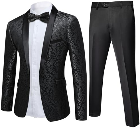 YFFUSHI Abito Jacquard Uomo 2 Pezzi 1 Bottone Risvolto Sciarpa Matrimonio Cerimonia Lusso Giacca Pantaloni Farfallino, Nero, XXL