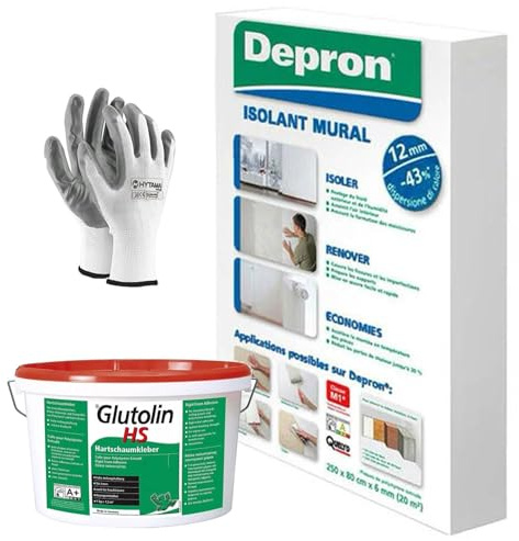 DEPRON Pannelli Isolanti 12 mm (125×80 cm) – Confezione 10 m² + Colla Glutolin 8 kg | Isolamento Termico e Acustico per Pareti e Soffitti | 1 paio di guanti in nitrile HYTAMA TOOLS