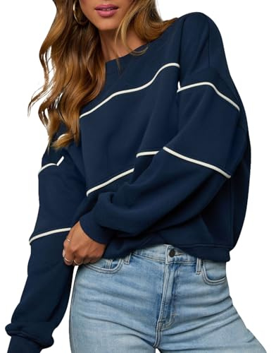 LACOZY Felpe da donna a maniche lunghe oversize girocollo a blocchi di colore pullover top casual leggero camicetta top, Blu navy e tinta unita, S