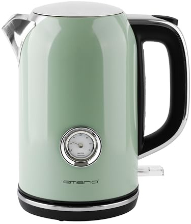 EMERIO Retro Style vattenkokare, 2 200 watt 1,7 liter hölje i rostfritt stål, vattennivåindikator, vattentemperaturdisplay, kalkfilter, automatisk avstängning, 360° bas, trådlös WK