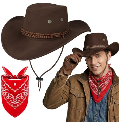 Saier tbo 2Pcs Chapeau de Cowboy et Bandana, kit d'accessoires de Costume de Cowboy Western avec Chapeaux de Cowboy, Bandana Paisley pour Hommes et Femmes, Carnaval, Halloween, fête à thème